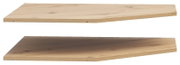 Zwei Holz-Eckböden in heller Holzoptik, perspektivisch von der Seite betrachtet.