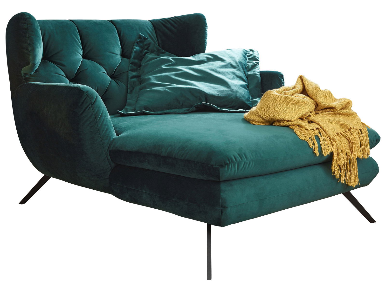 Lounge Handmade Longseat LH-SANDY Grünes Longseat mit Samtbezug, dekoriert mit einem gelben Überwurf, seitliche Perspektive.