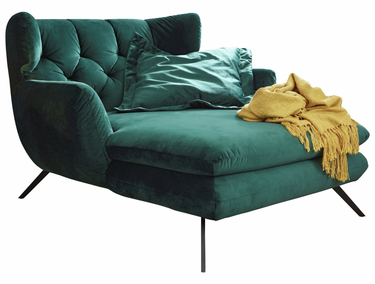 Lounge Handmade Longseat LH-SANDY Grünes Longseat mit Samtbezug, dekoriert mit einem gelben Überwurf, seitliche Perspektive.