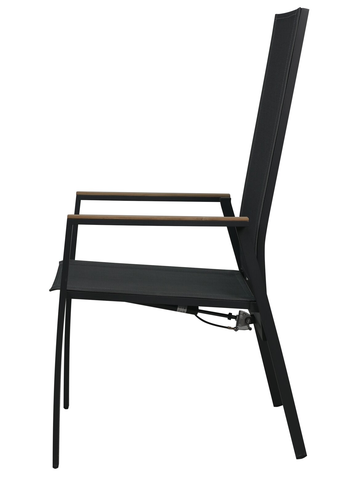 Seitenansicht eines modernen schwarzen Stapelstuhls mit Armlehnen.