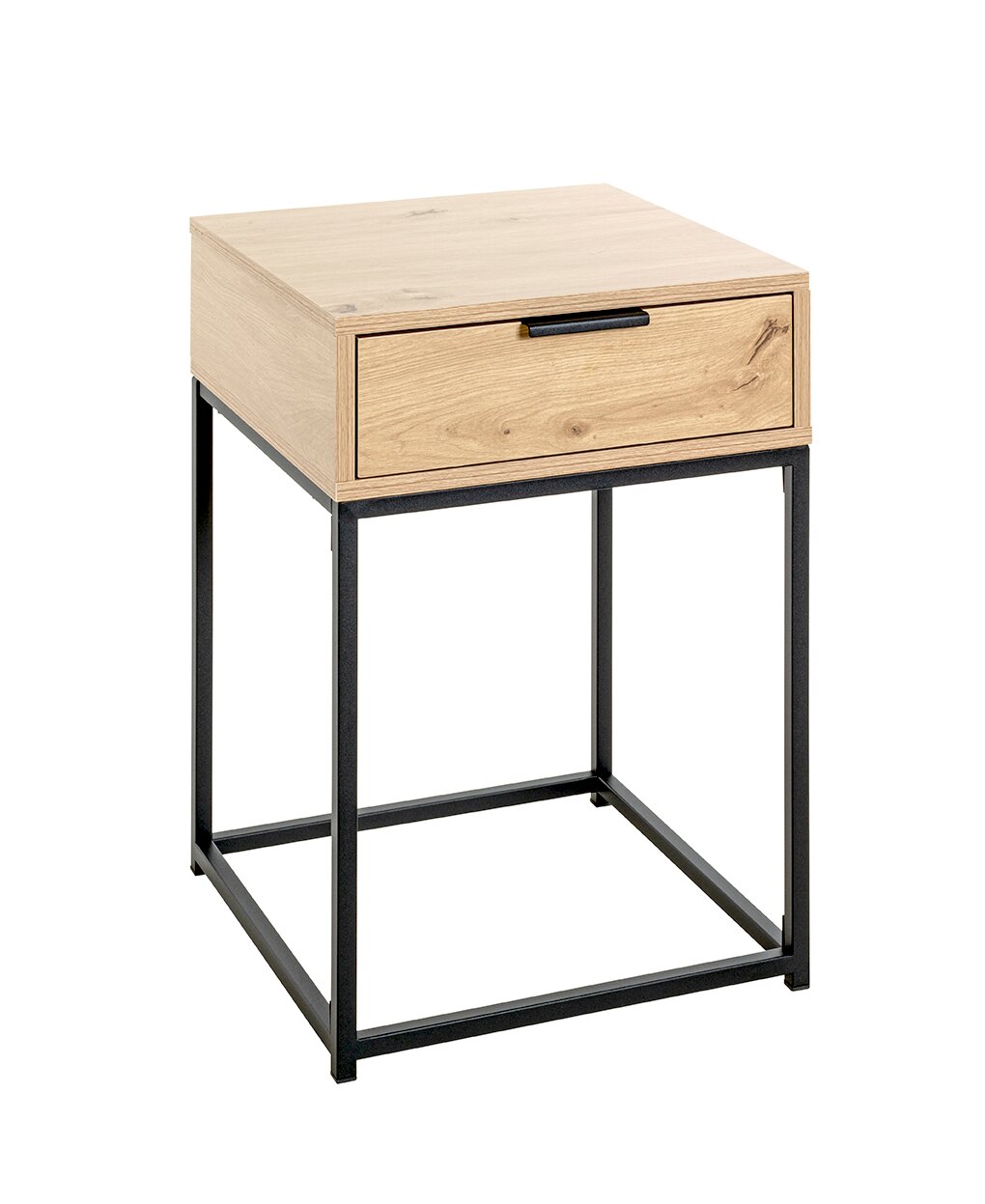 Moderner Nachttisch/Beistelltisch aus hellem Holz mit einer Schublade und schwarzem Metallgestell, freigestellt vor weißem Hintergrund, in schräger Frontansicht (3/4-Perspektive)