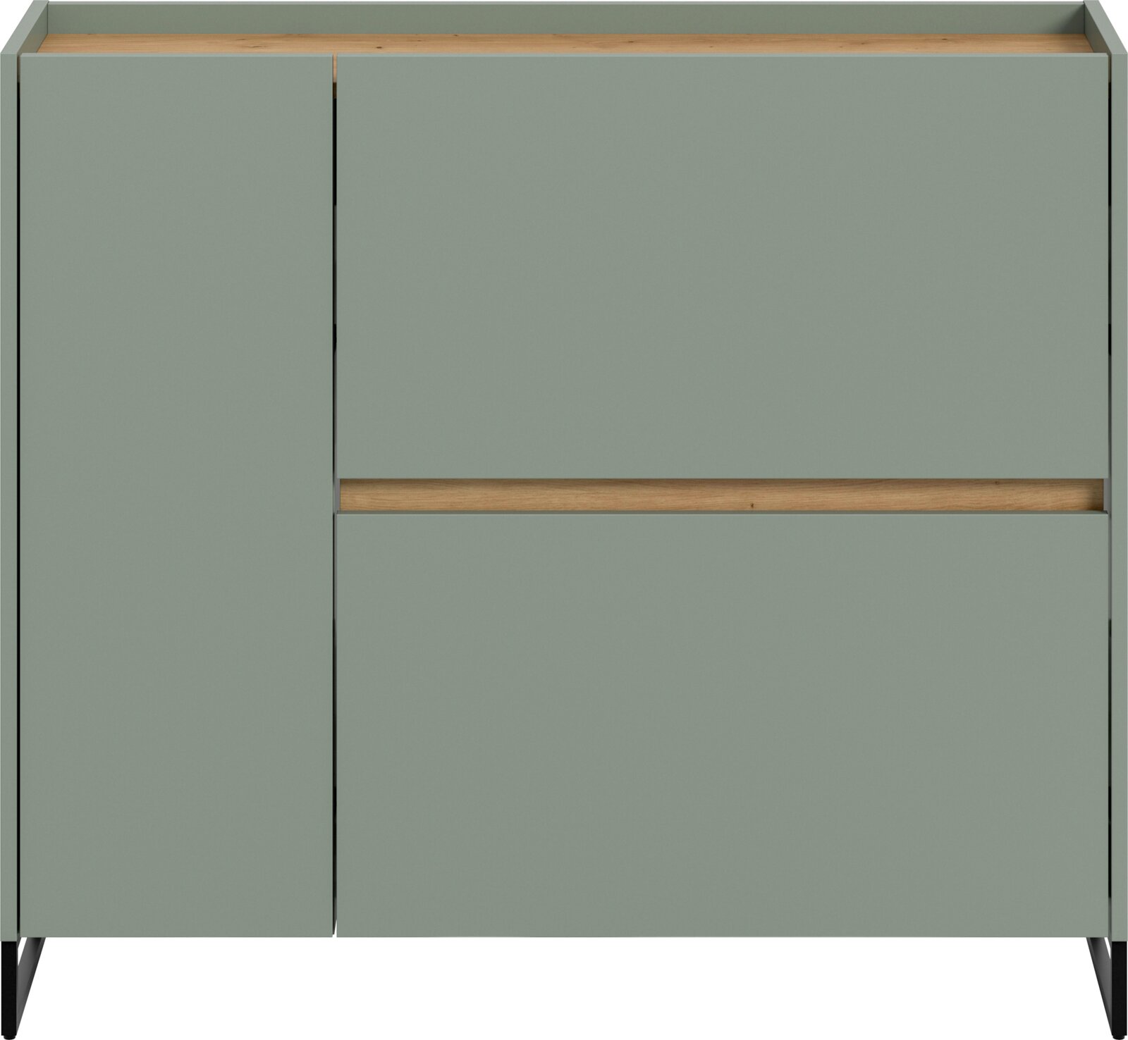 Modernes Sideboard in Salbeigrün mit Holz-Akzenten und schwarzen, schrägen Metallfüßen, Frontansicht.