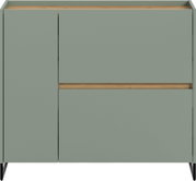 Modernes Sideboard in Salbeigrün mit Holz-Akzenten und schwarzen, schrägen Metallfüßen, Frontansicht.