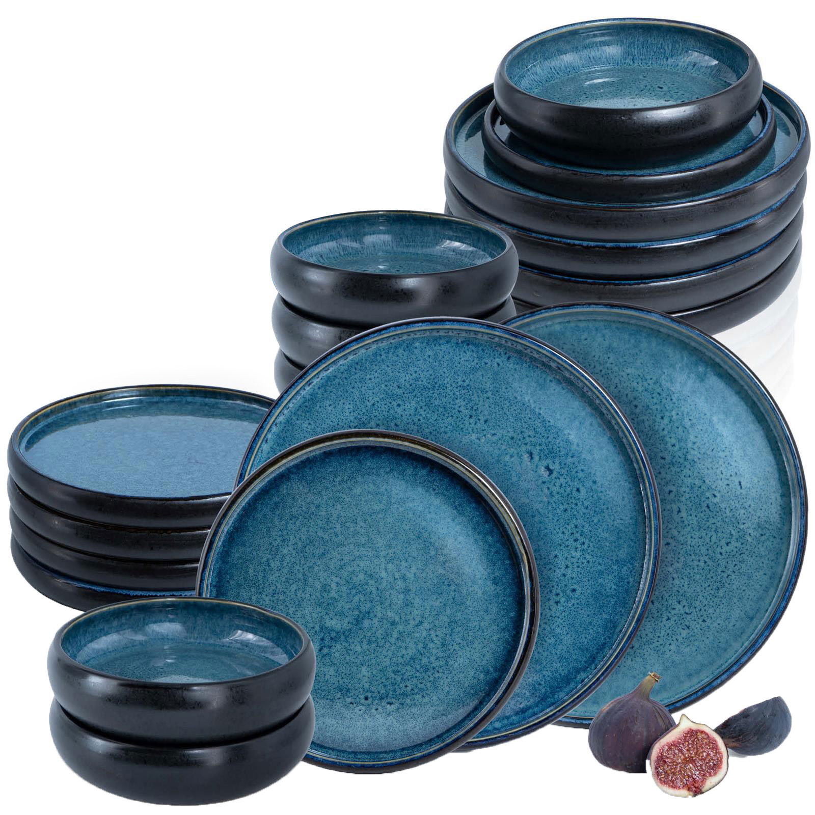 Moritz & Moritz Tafelservice 18-tlg Blau Reaktiv 18-teiliges Tafelservice in Blau mit modernen, runden Tellern und Schalen, seitliche Perspektive