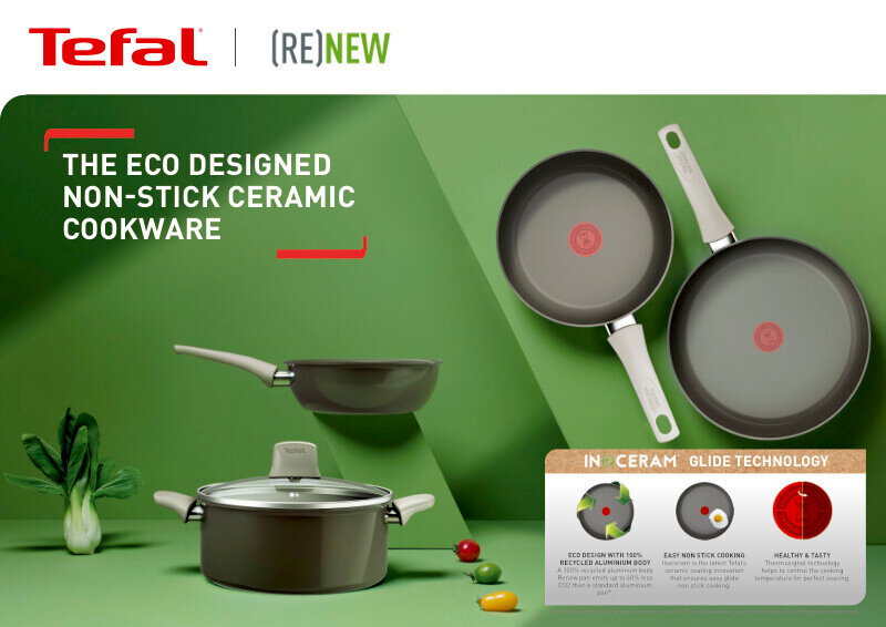 Pfanne 24cm Renewal aus der Vogelperspektive, Teil der umweltfreundlichen, antihaftbeschichteten Keramik-Kochgeschirrserie von Tefal.