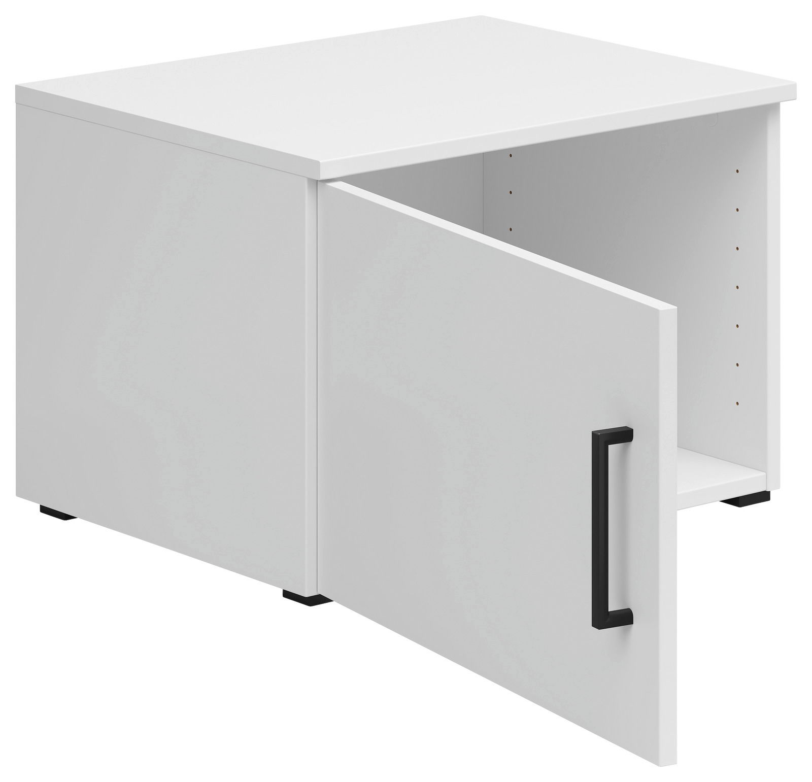 Weißer Aufsatzschrank mit geöffneter Tür und schwarzem Griff, seitliche Perspektive