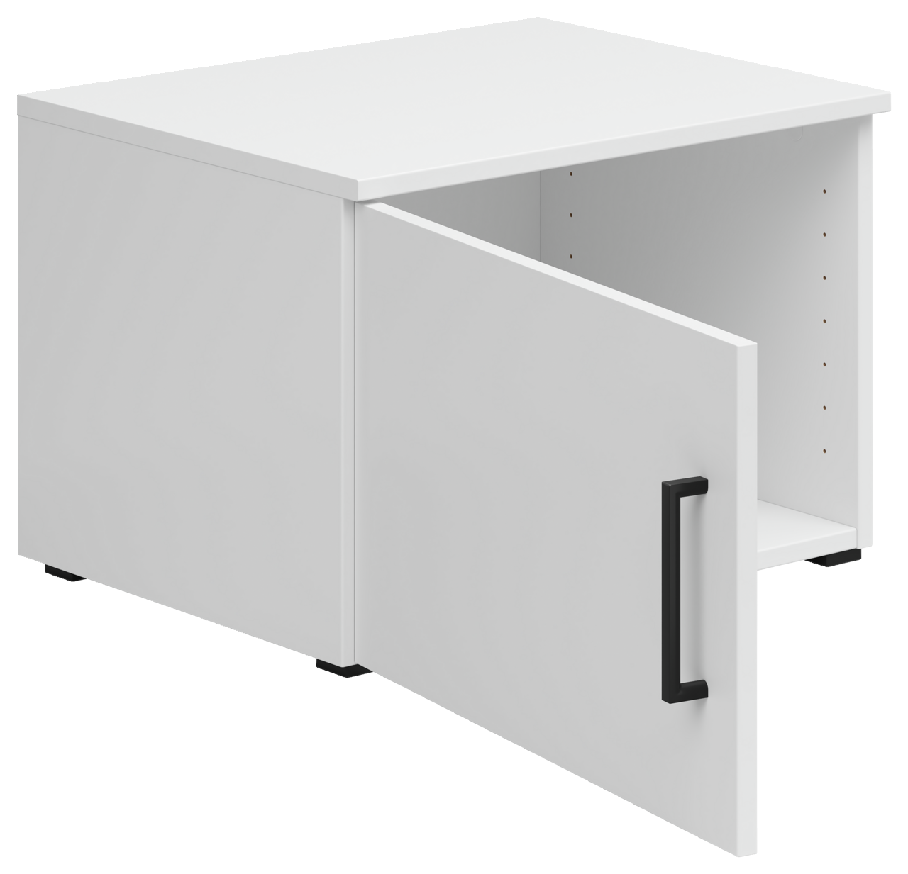 Weißer Aufsatzschrank mit geöffneter Tür und schwarzem Griff, seitliche Perspektive