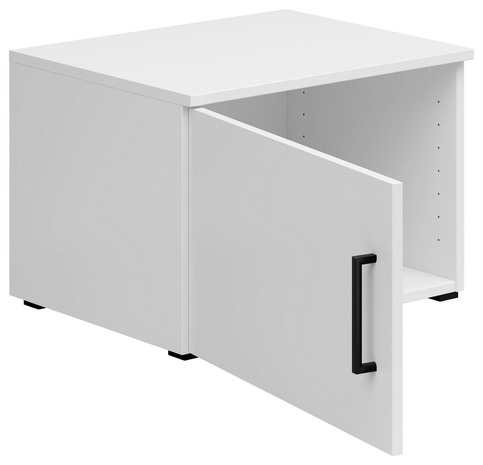 Weißer Aufsatzschrank mit geöffneter Tür und schwarzem Griff, seitliche Perspektive