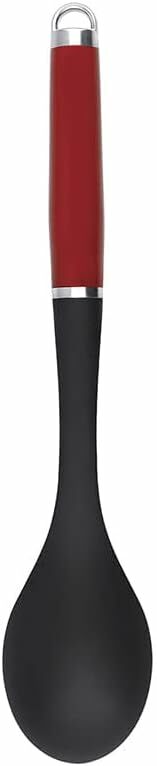 Küchenlöffel mit rotem Griff und schwarzem Löffelkopf, Ansicht von vorne