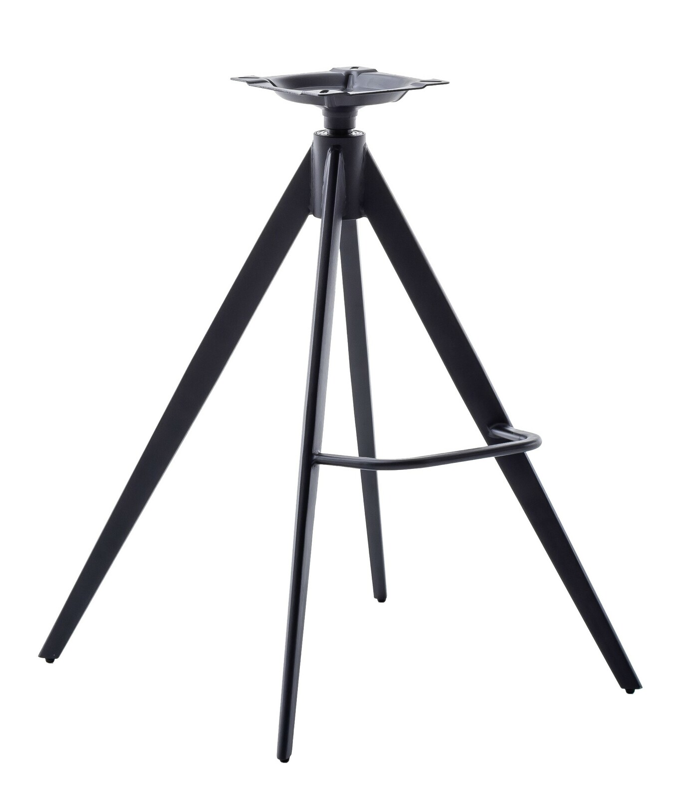 Schwarzes Barstuhlgestell aus Metall mit drei Beinen und Fußstütze, seitliche Perspektive