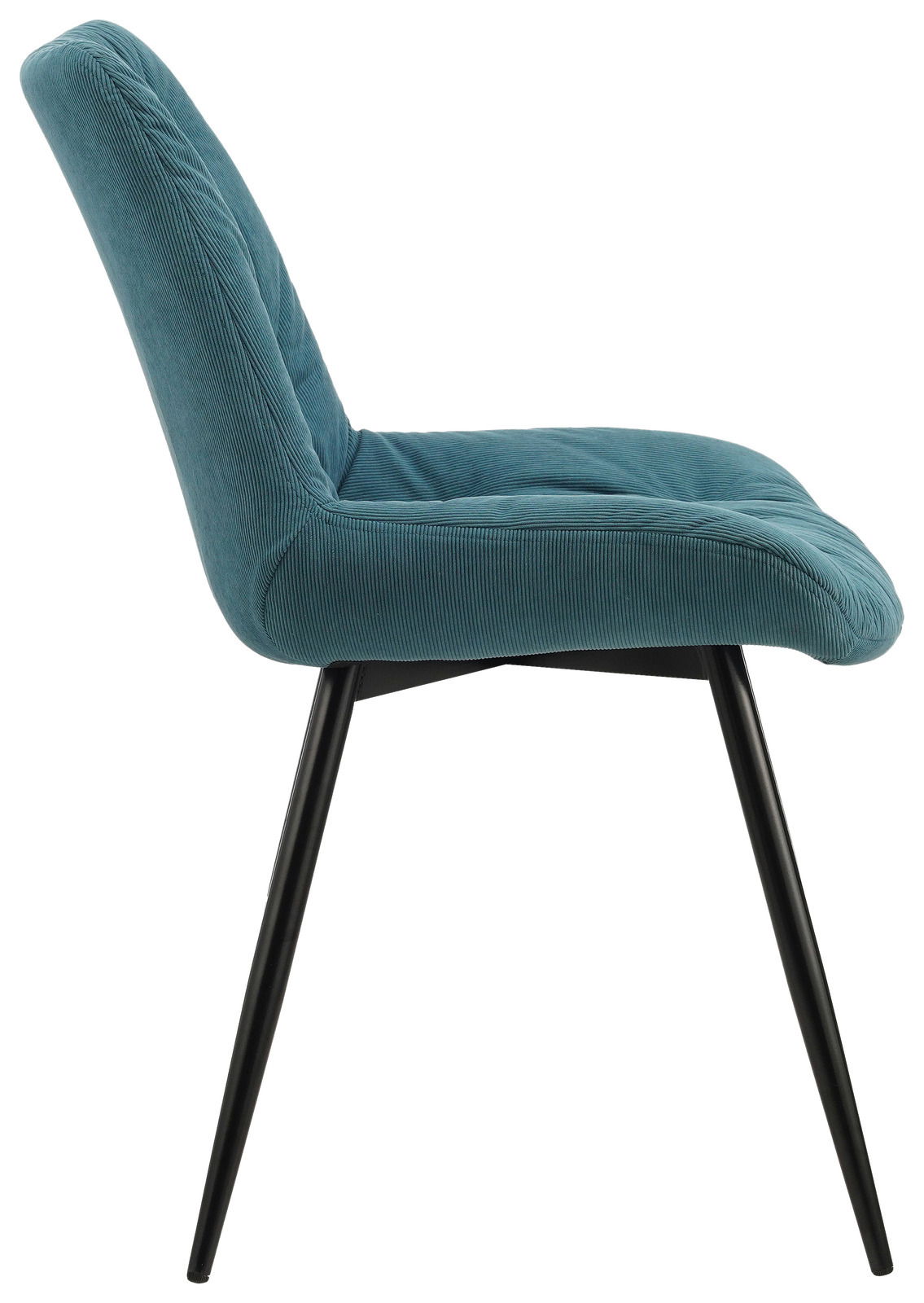 Moderner Stuhl mit grünem Stoffbezug und schwarzen Metallbeinen, Seitenansicht
