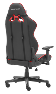 Rückansicht eines Gaming Stuhls DXRacer Gladiator mit schwarzem und rotem Design, verstellbaren Armlehnen und stabiler Basis auf Rollen.