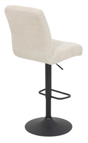 Rückansicht eines Barhockers mit cremefarbenem, geripptem Stoffbezug und schwarzem Metallgestell.