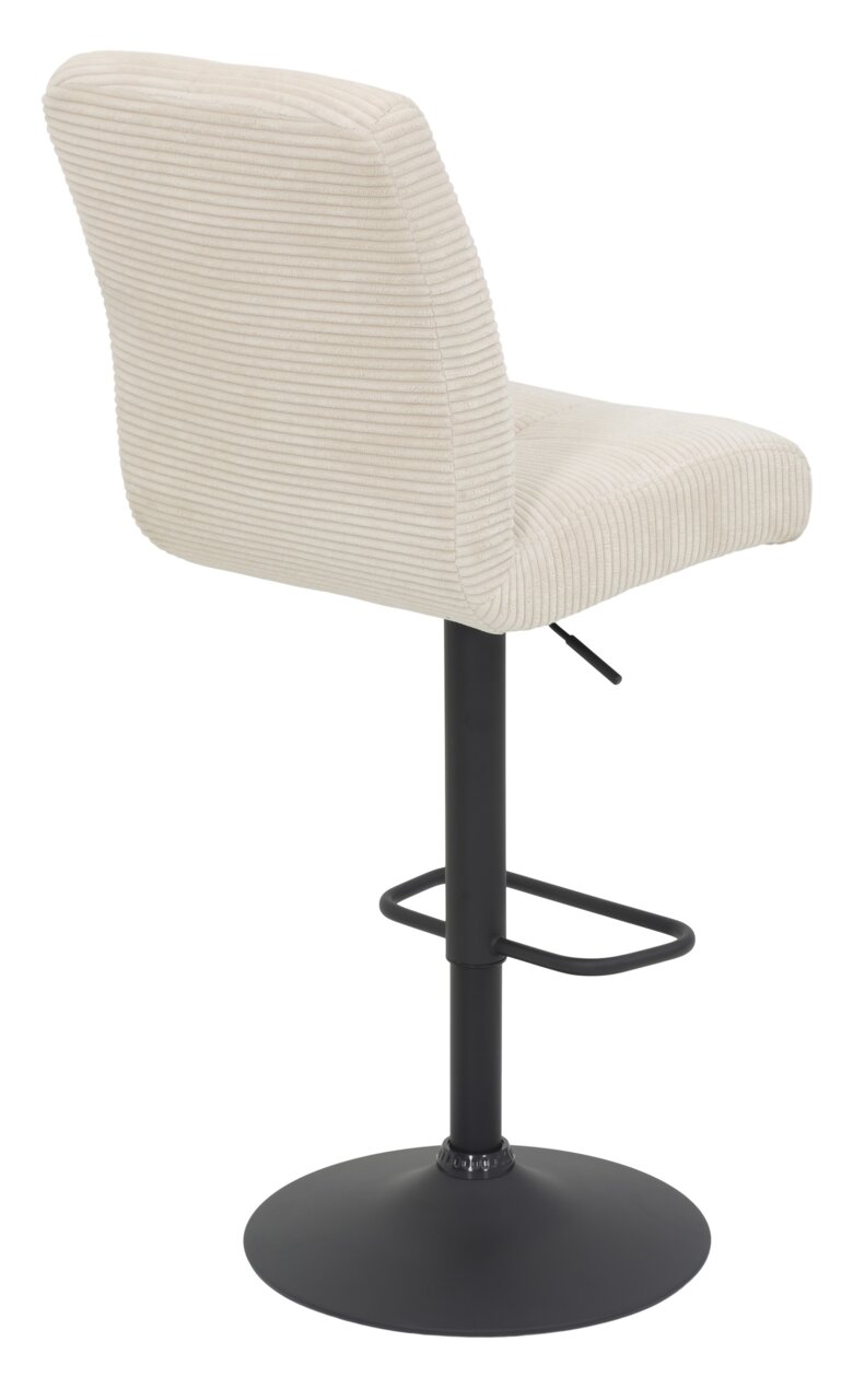 Achterkant van een barkruk met crèmekleurige, geribbelde stoffen bekleding en een zwart metalen frame.