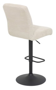 Achterkant van een barkruk met crèmekleurige, geribbelde stoffen bekleding en een zwart metalen frame.