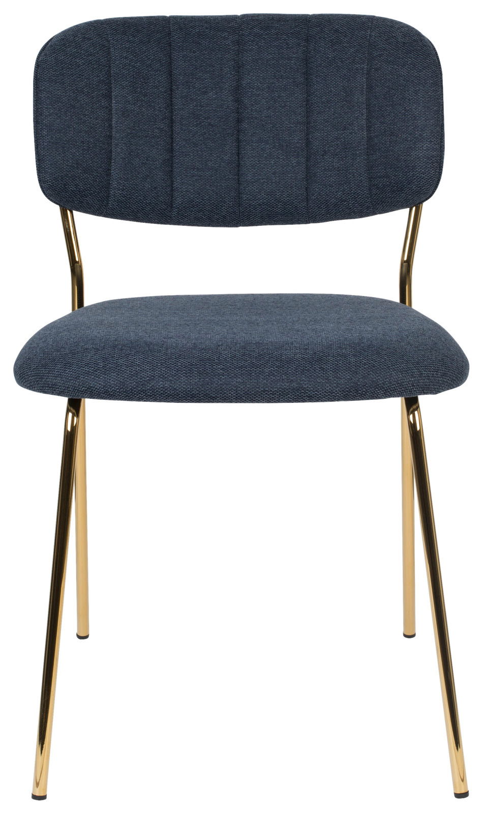 Vorderansicht eines modernen Stuhls mit dunkelblauer Polsterung und goldenen Beinen.