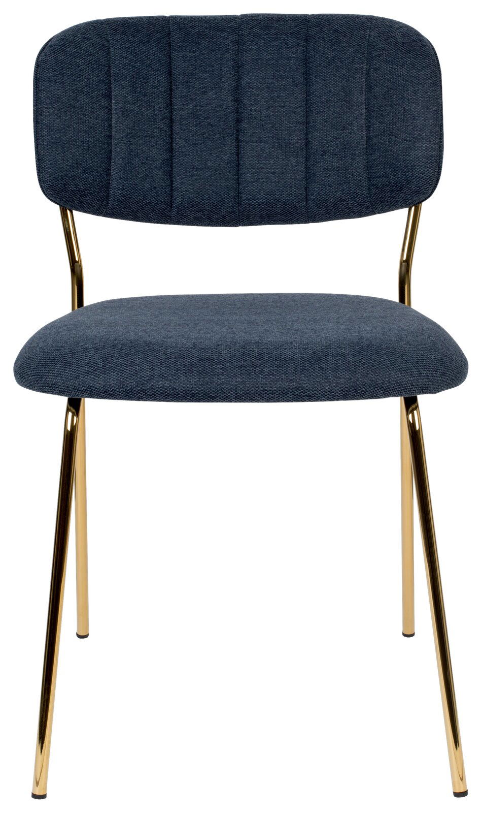 Vorderansicht eines modernen Stuhls mit dunkelblauer Polsterung und goldenen Beinen.