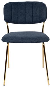 Vorderansicht eines modernen Stuhls mit dunkelblauer Polsterung und goldenen Beinen.