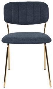 Vorderansicht eines modernen Stuhls mit dunkelblauer Polsterung und goldenen Beinen.