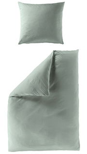 Bettwäsche-Set in hellem Grau, bestehend aus einem Kissenbezug und einem Bettdeckenbezug, aus der Vogelperspektive fotografiert.