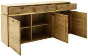Holz-Sideboard mit geöffneter Perspektive, zeigt Schubladen und Schranktüren