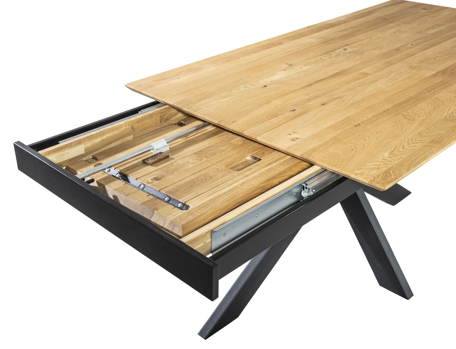 Esstisch FLORIAN aus Holz mit schwarzem Gestell, ausziehbar, Perspektive von oben