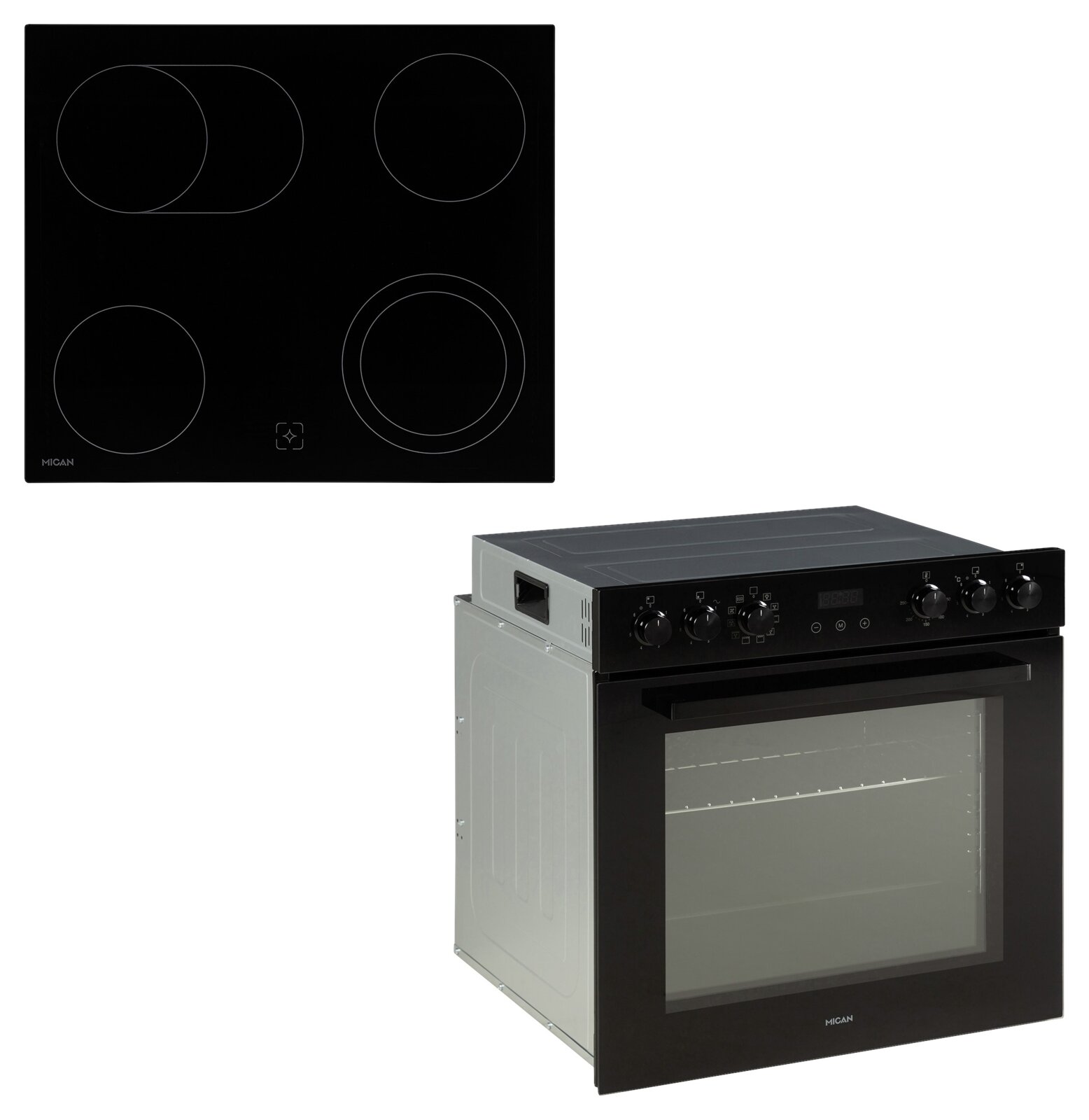 Mican Einbauherd-Set HSHDB73S Schwarzes MICAN Einbau-Backofen-Set mit Glaskeramik-Kochfeld (4 Kochzonen, eine Zweikreiszone), Produktansicht: Kochfeld von oben und Backofen schräg von vorn rechts