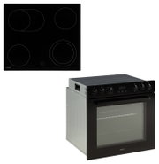 Schwarzes MICAN Einbau-Backofen-Set mit Glaskeramik-Kochfeld (4 Kochzonen, eine Zweikreiszone), Produktansicht: Kochfeld von oben und Backofen schräg von vorn rechts