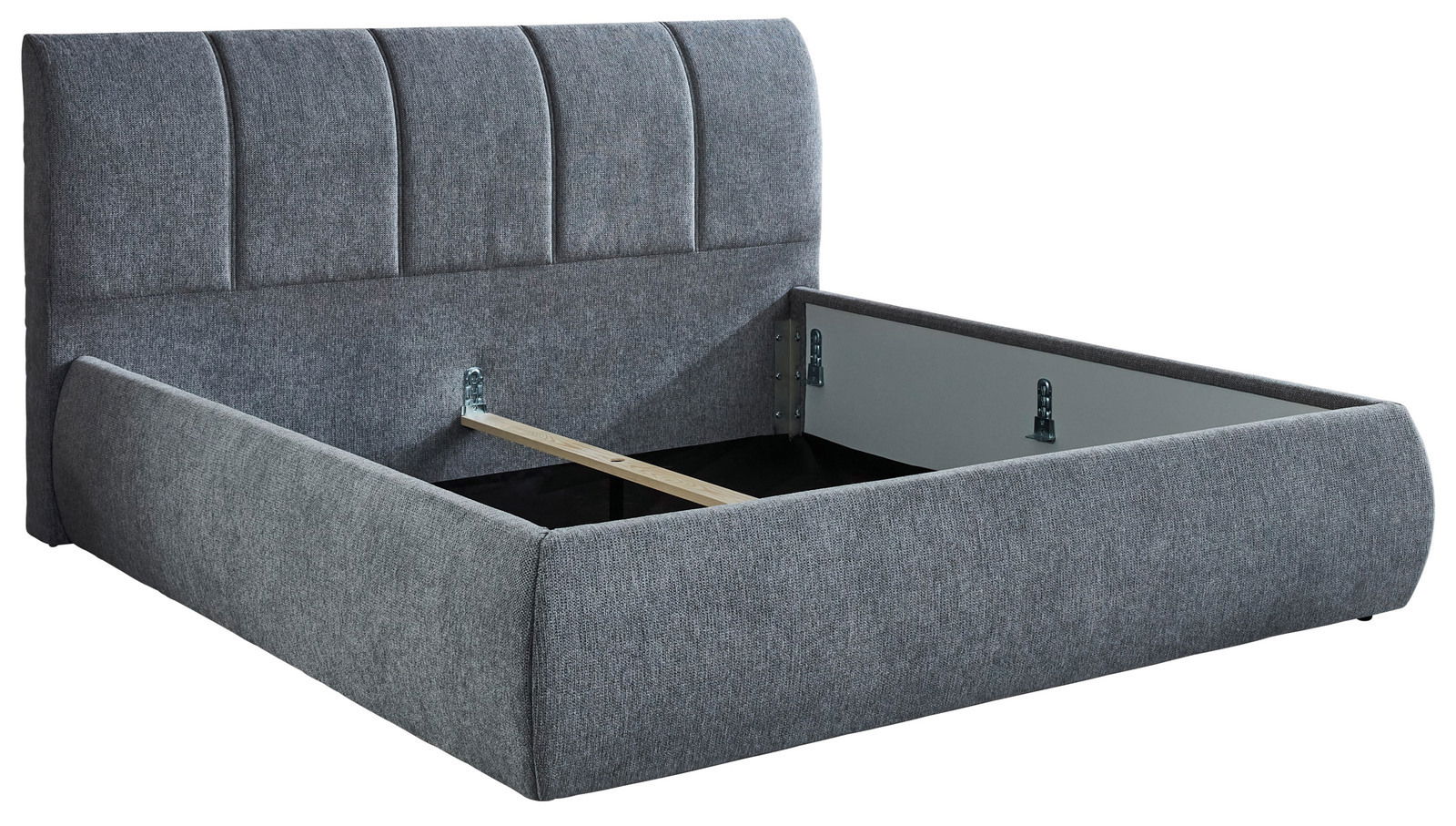 Graues Polsterbettgestell mit hohem Kopfteil, seitlicher Blickwinkel