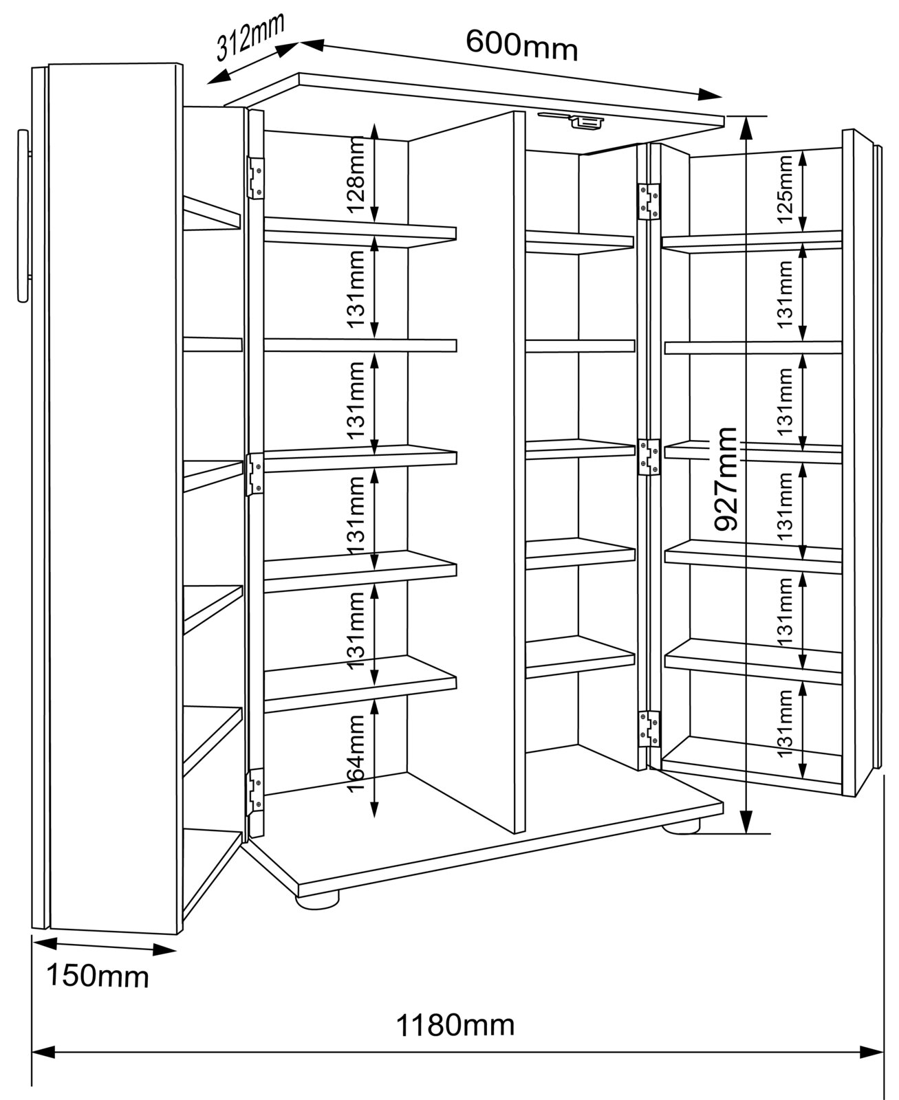 Technische Maßzeichnung eines geöffneten, zweitürigen Badezimmerschranks/Spiegelschranks mit mehreren Einlegeböden und Maßangaben (u. a. Breite 1180 mm, Tiefe 150 mm), dargestellt in schräger Vorderansicht.