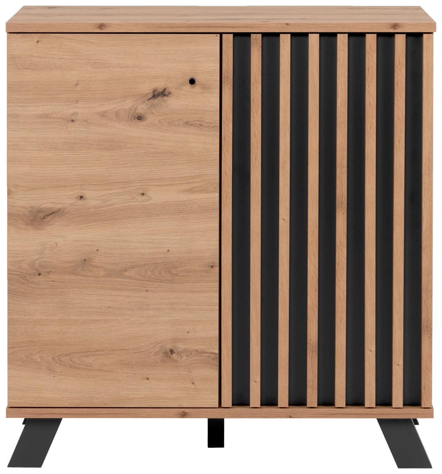 Moderne houten ladekast met zwart streepmotief, vooraanzicht