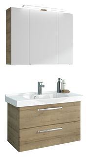 Moderner Badblock mit weißem Spiegelschrank und Waschbeckenunterschrank in Holzoptik, frontal betrachtet.