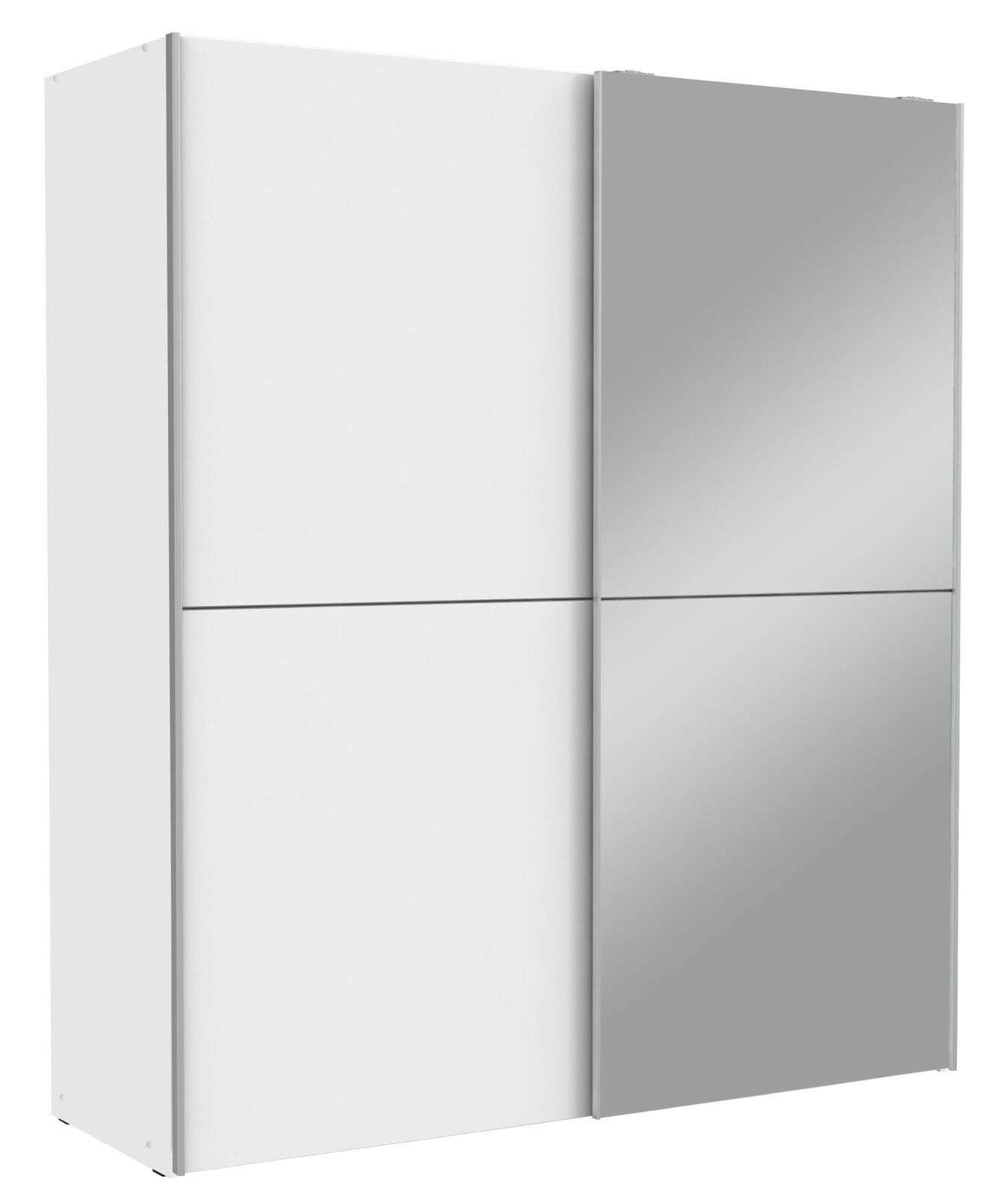 Z2 Schwebetürenschrank 2-türig WHITE KISS Moderner Schwebetürenschrank mit zwei Türen, eine in Weiß und eine mit Spiegel, seitliche Perspektive.