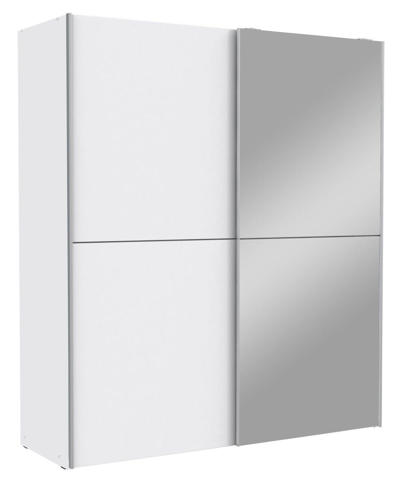 Moderner Schwebetürenschrank mit zwei Türen, eine in Weiß und eine mit Spiegel, seitliche Perspektive.