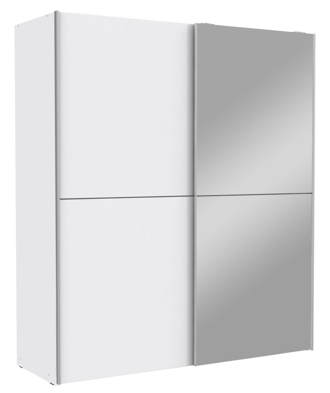 Moderner Schwebetürenschrank mit zwei Türen, eine in Weiß und eine mit Spiegel, seitliche Perspektive.