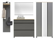 Modernes Garderoben-Set in Grau mit Holzdetails, bestehend aus einem Wandpaneel mit Haken, einer Kommode mit drei Schubladen und einem großen Schrank mit Spiegeltür. Frontalansicht.