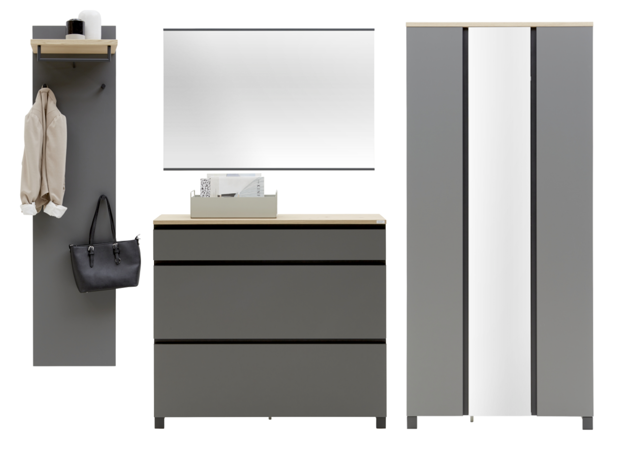 Dieter Knoll Garderoben-Set 4-tlg. SORRENT Modernes Garderoben-Set in Grau mit Holzdetails, bestehend aus einem Wandpaneel mit Haken, einer Kommode mit drei Schubladen und einem großen Schrank mit Spiegeltür. Frontalansicht.