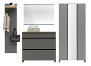Modernes Garderoben-Set in Grau mit Holzdetails, bestehend aus einem Wandpaneel mit Haken, einer Kommode mit drei Schubladen und einem großen Schrank mit Spiegeltür. Frontalansicht.