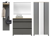 Modernes Garderoben-Set in Grau mit Holzdetails, bestehend aus einem Wandpaneel mit Haken, einer Kommode mit drei Schubladen und einem großen Schrank mit Spiegeltür. Frontalansicht.