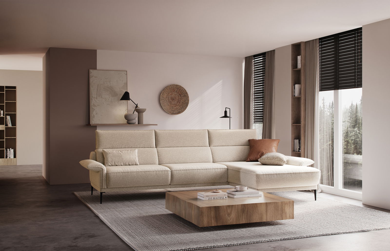 Beige Longchairkombination in modernem Wohnzimmer, seitliche Perspektive