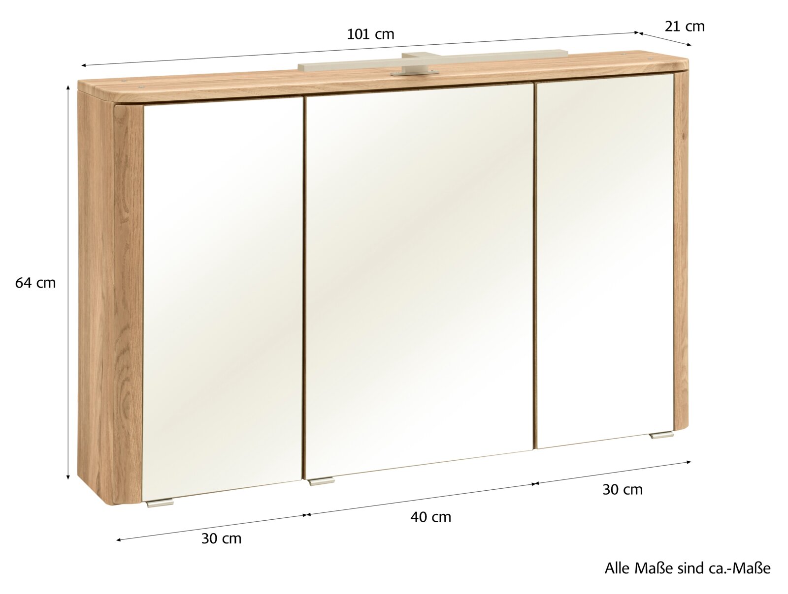 Dreiteiliger Spiegelschrank mit Holzrahmen und drei Spiegeltüren, ca. 101 cm breit, 64 cm hoch und 21 cm tief, Frontansicht leicht von oben mit Maßangaben