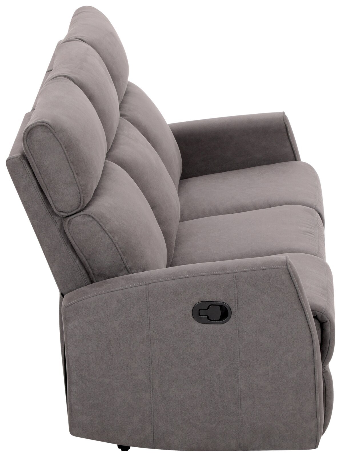 Graues 3-Sitzer-Sofa XORA Polster LIAN, Seitenansicht mit verstellbarer Rückenlehne.