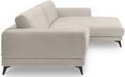 Beige Ecksofa mit schwarzem Metallfuß, seitliche Perspektive