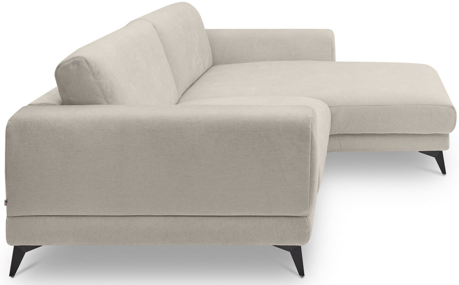 Beige Ecksofa mit schwarzem Metallfuß, seitliche Perspektive