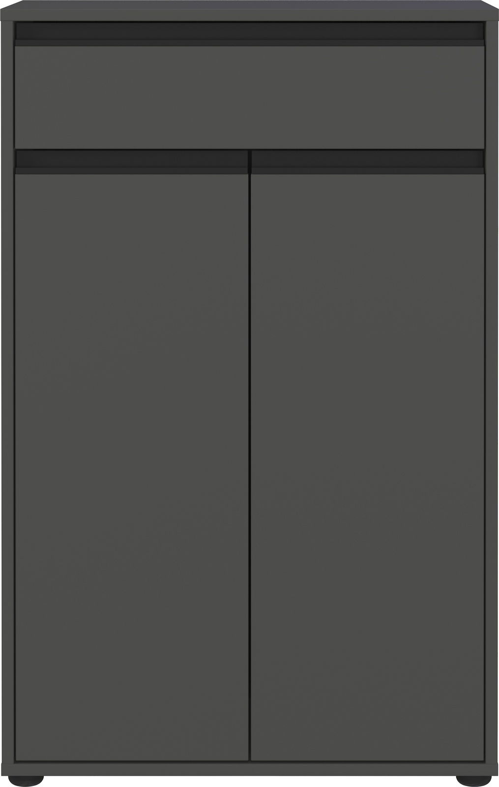 Frontale Ansicht einer modernen, dunkelgrauen Kommode mit einer Schublade und zwei Türen.