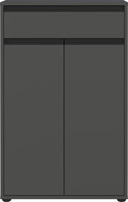 Frontale Ansicht einer modernen, dunkelgrauen Kommode mit einer Schublade und zwei Türen.