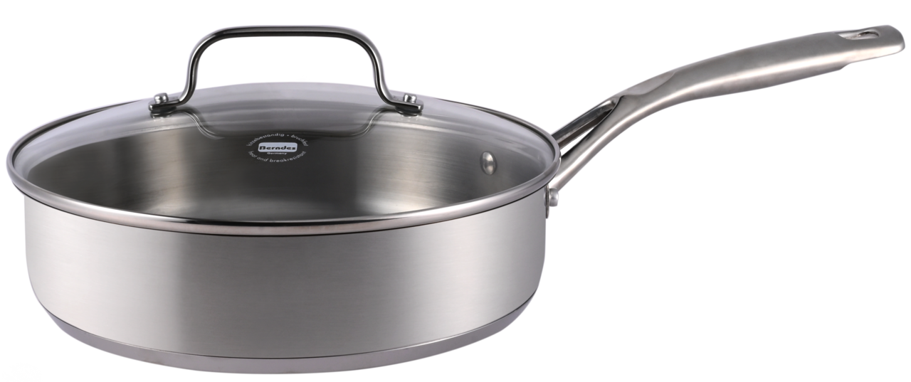 Schmorpfanne aus Edelstahl mit Glasdeckel, seitliche Perspektive