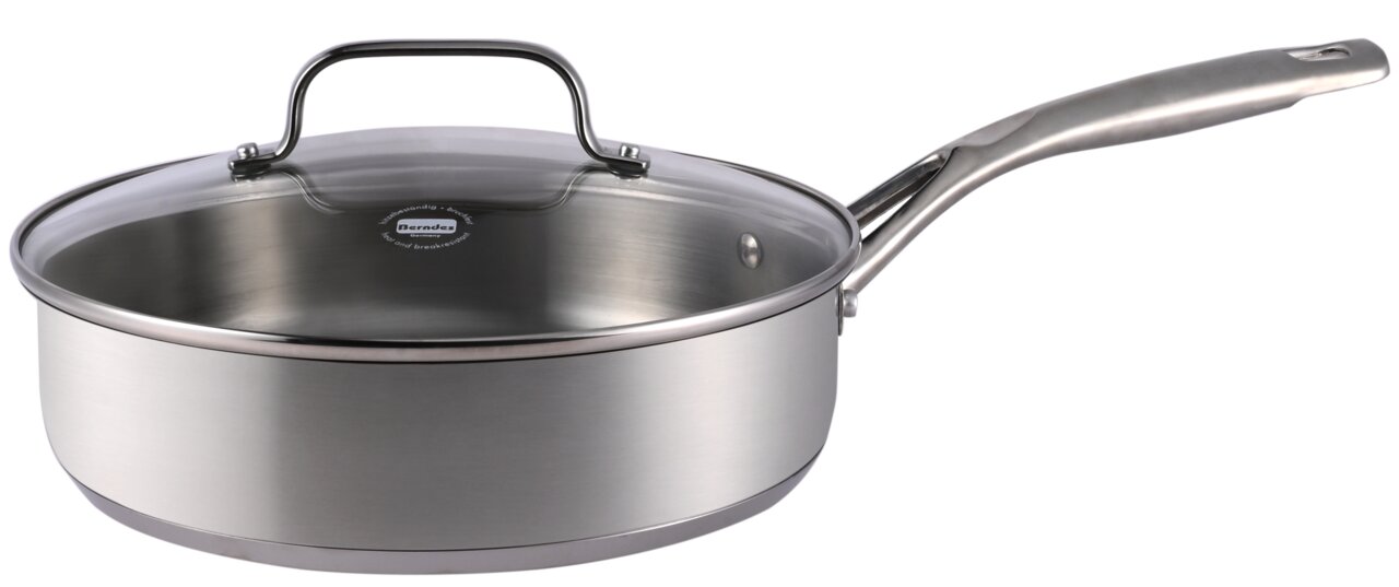Berndes Schmorpfanne mit Glasdeckel PROLINE Ø28cm Schmorpfanne aus Edelstahl mit Glasdeckel, seitliche Perspektive