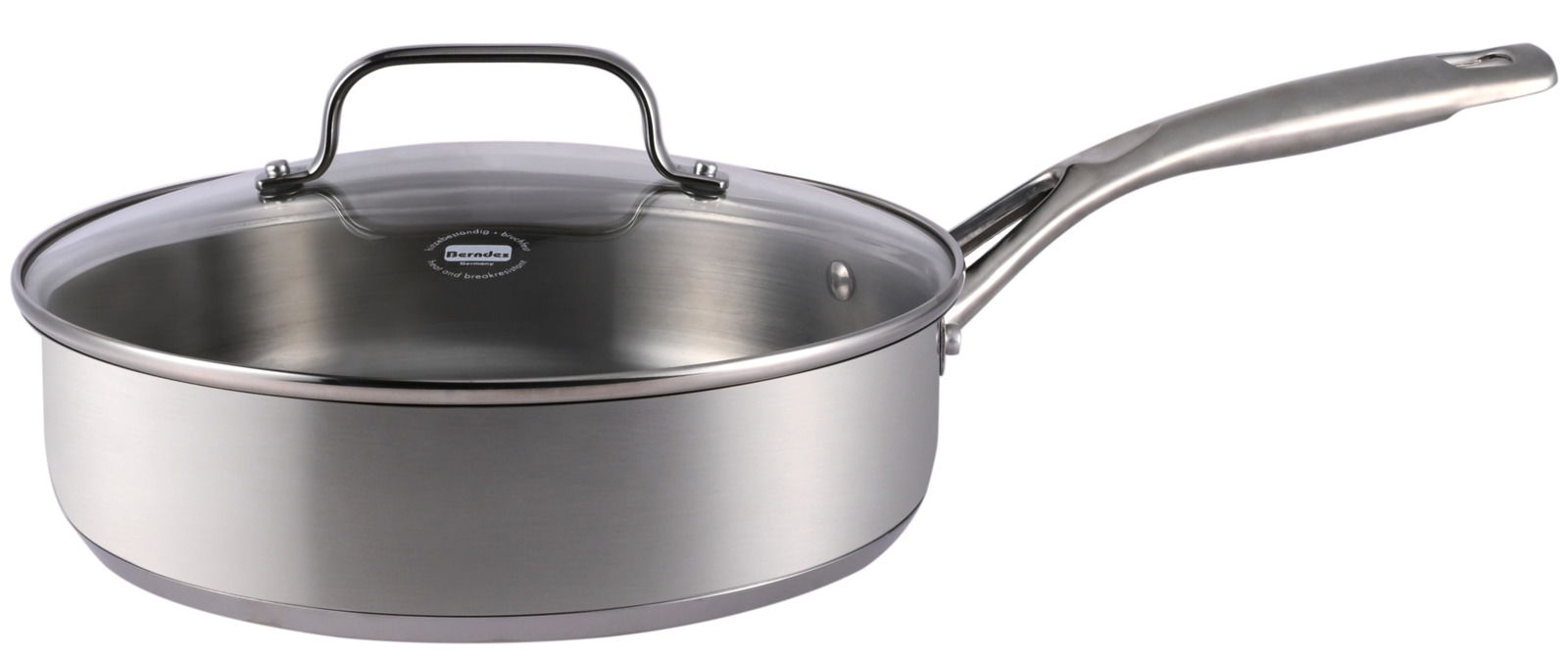 Schmorpfanne aus Edelstahl mit Glasdeckel, seitliche Perspektive