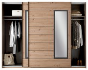 Schwebetürenschrank 2-türig in Holzoptik mit Spiegel, offene Türen zeigen Kleidung und Accessoires, frontale Ansicht